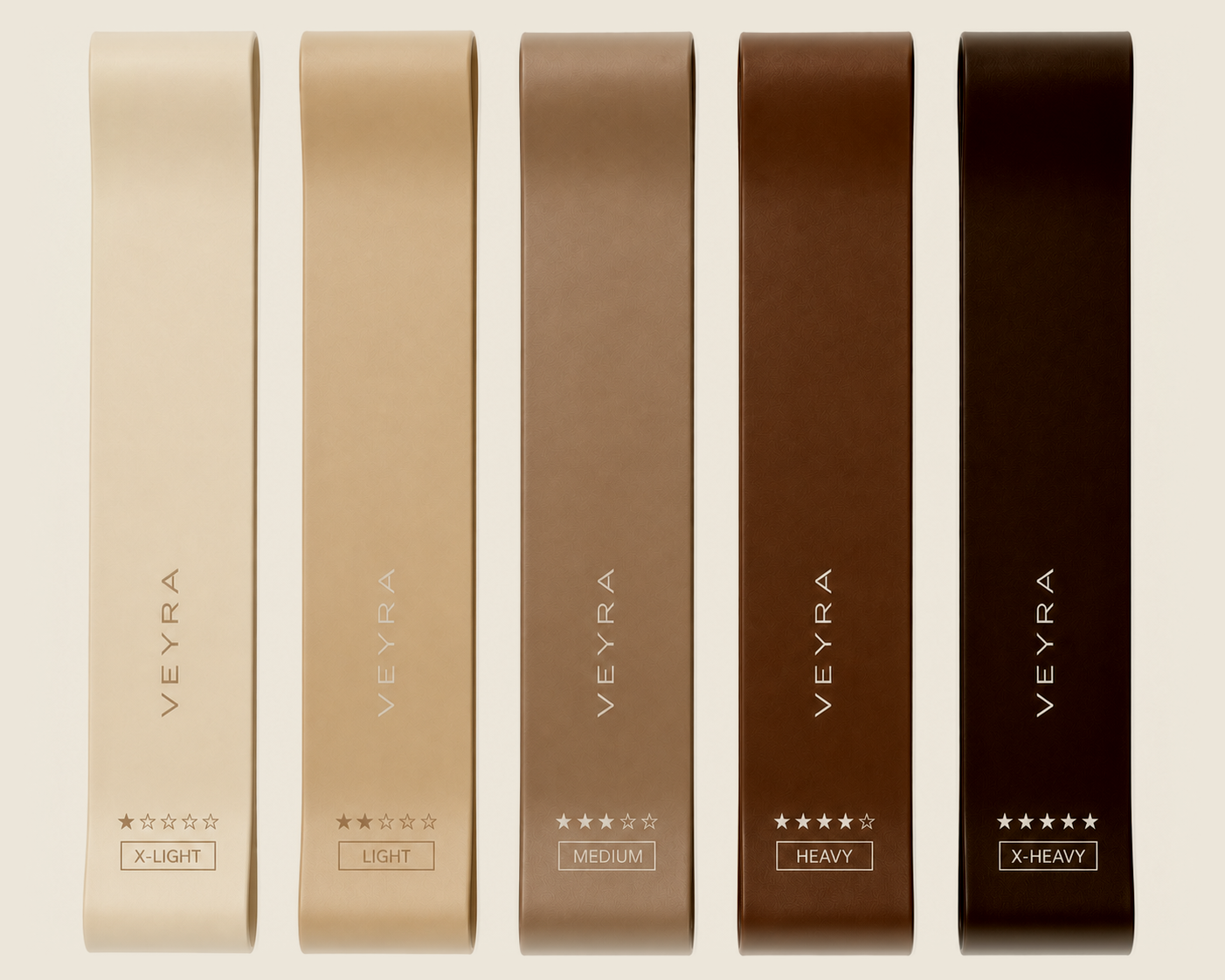 VEYRA earth-tone resistance band set with five resistance levels